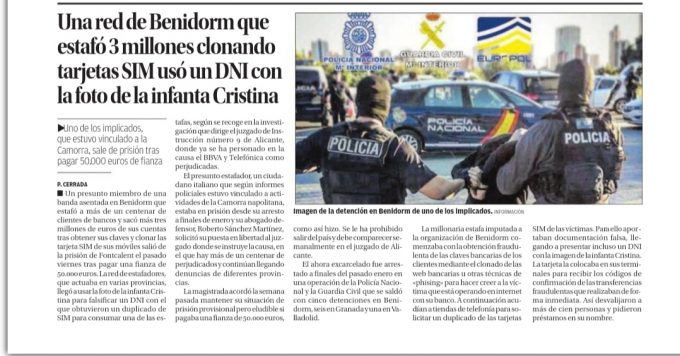 A network swindled 3 million by cloning SIM cards with a DNI with the photo of the Infanta Cristina
